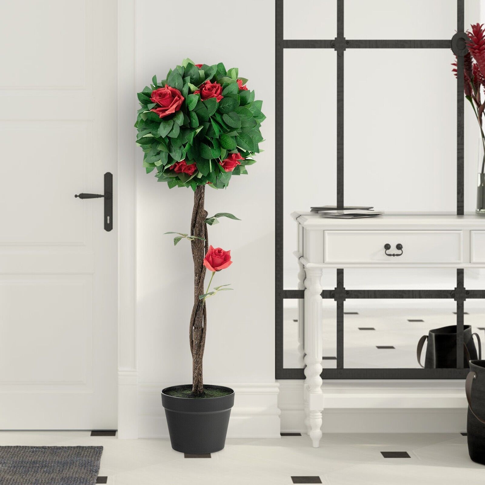 92cm Artificial Blooming Camellia Tree with 12 Red Flowers and Pot